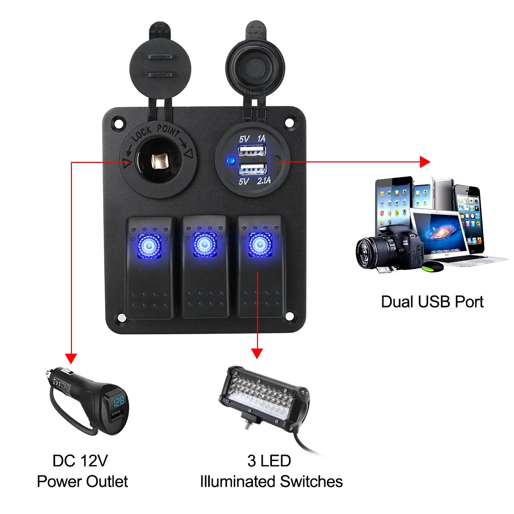 2/3 Gang Digital Voltmeter Dual USB Port Outlet Combination 12~24V Circuit Control Boat Car Switch Panel Waterproof