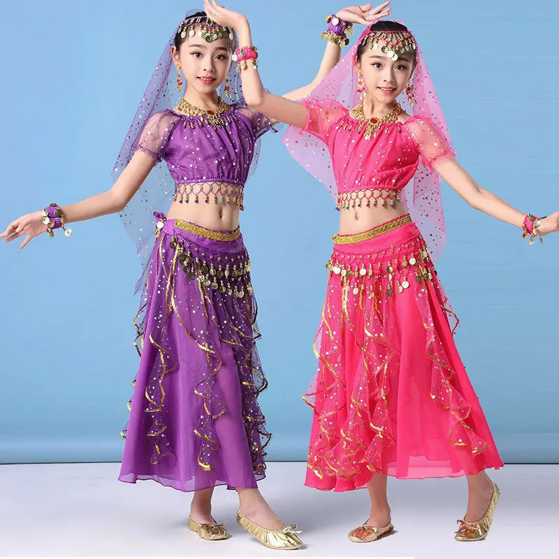 Girls Indian Belly Dance Costumes Set Arabic Halloween Jasmine Bollywood Princess Cosplay  Performance Suit Goddess Clothing