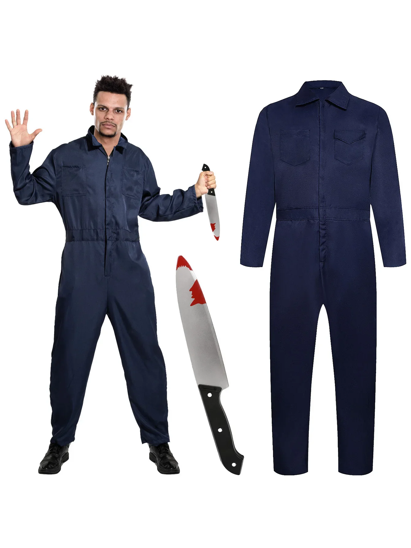 

Halloween horror and thriller costume, Michael Myers navy blue unisex jumpsuit killing costume and blood-stained prop knife