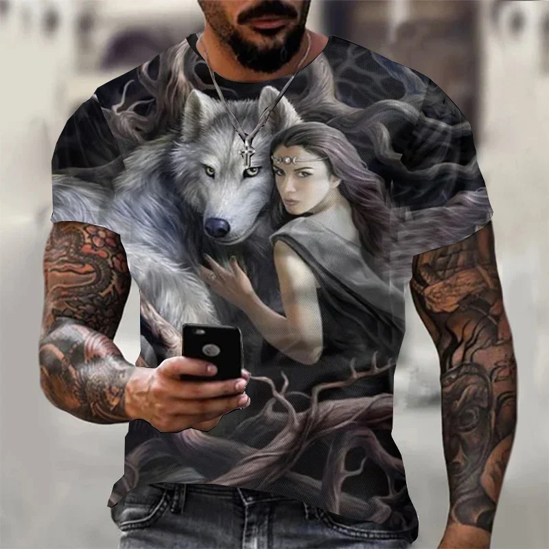 

3D T Shirt For Men Vintage O-neck Short Sleeve Tops Girls Wolf Print Harajuku Men's T-shirts Oversized Tees Shirt Man Clothing