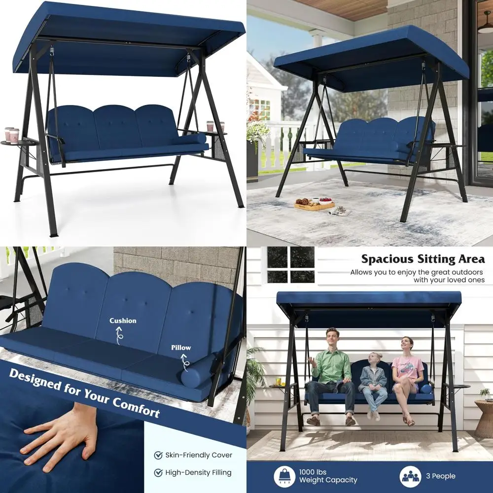 أرجوحة خارجية تتسع لـ 3 أشخاص مع مظلة قابلة للتعديل، وسائد سميكة، إطار معدني، طاولات جانبية قابلة للطي، أرجوحة الشرفة للاسترخاء