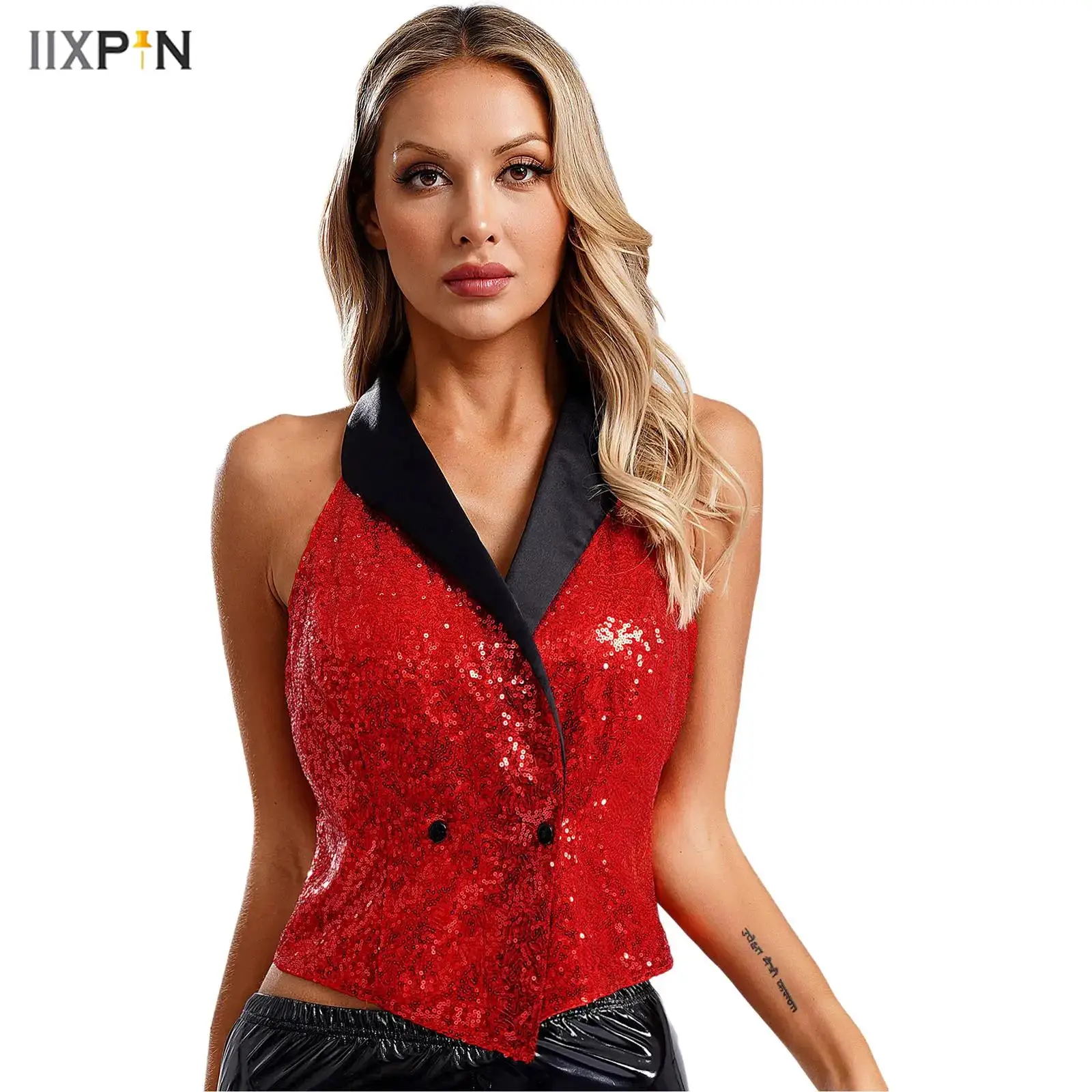 

Women Vest Jazz Dance Top V-neck Lapel Sleeveless Glitter Sparkly Sequin Blouse Tops for Evening Party Banquet Cocktail Club