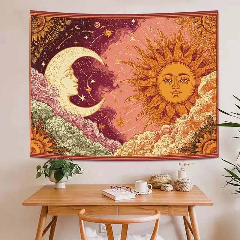 VIKAMA Vintage Sun Moon Face Starry Sky Wall Tapestry Pink Orange Tarot Celestial Cloud Floral Border Bohemian Bedroom Living