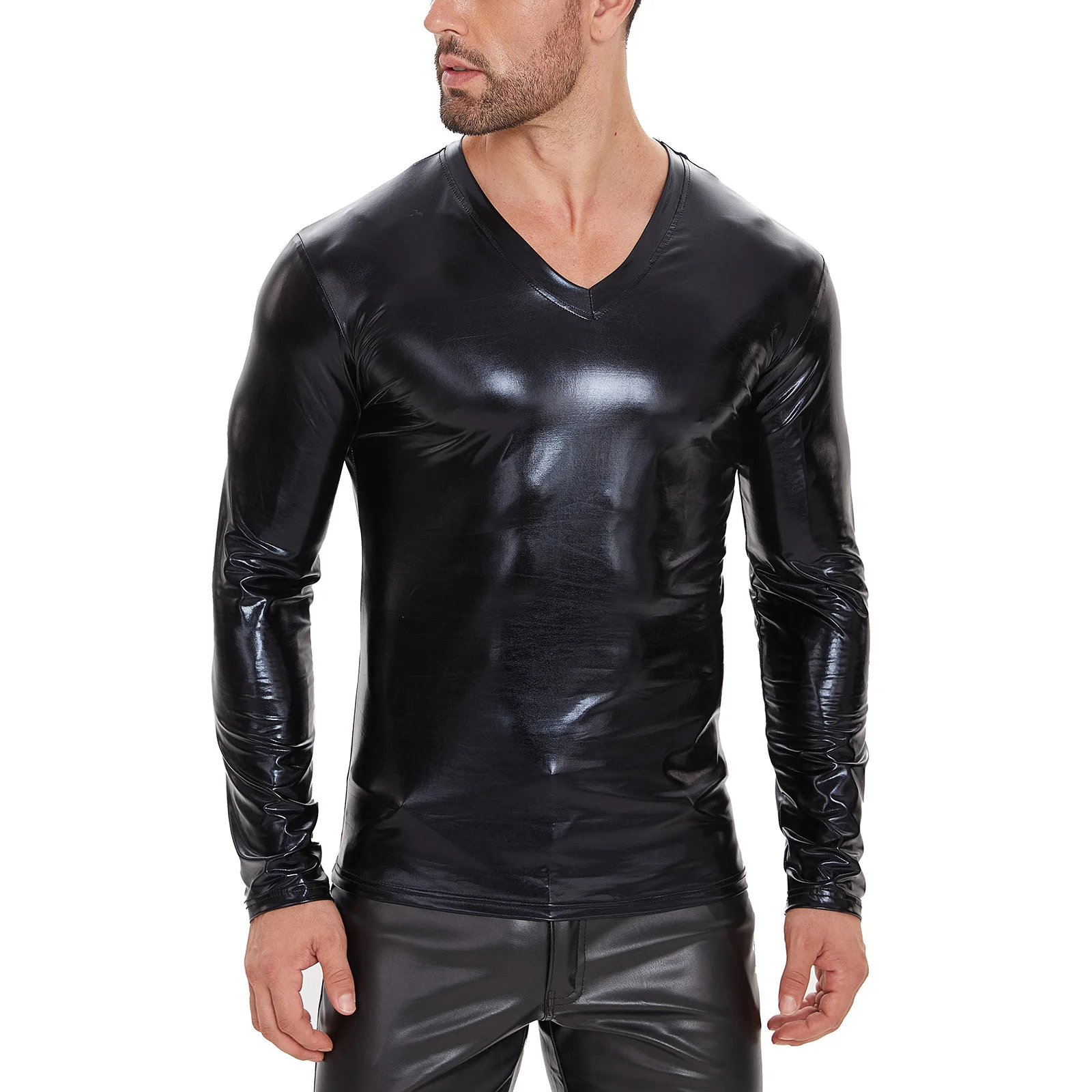 S-7XL Men Faux Leather Tank Tops Male Black Plus Size Sexy Long Sleeve V-neck T Shirt Nightclub Stage Wear Man Undershirts 2025