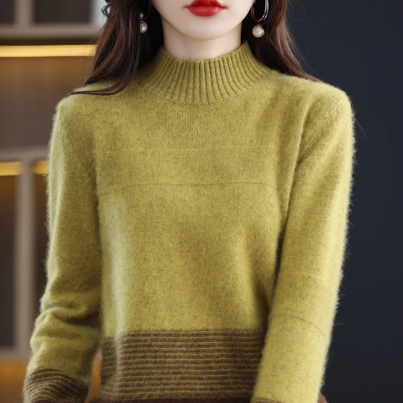 

New 100% Pure Cashmere Color Matching Half High Pullover Loose Knitted Sweater Fashionable All-match Thin Top