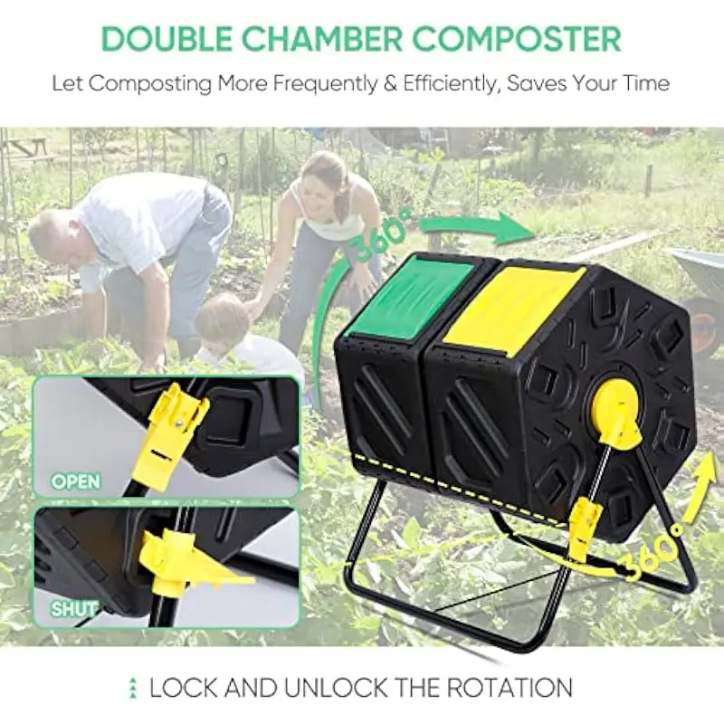 Dual Chamber Outdoor Compost Tumbler 37 Gallon Capacity Round Design BPA Free PP Body Powder Coated Steel Frame Two Independent