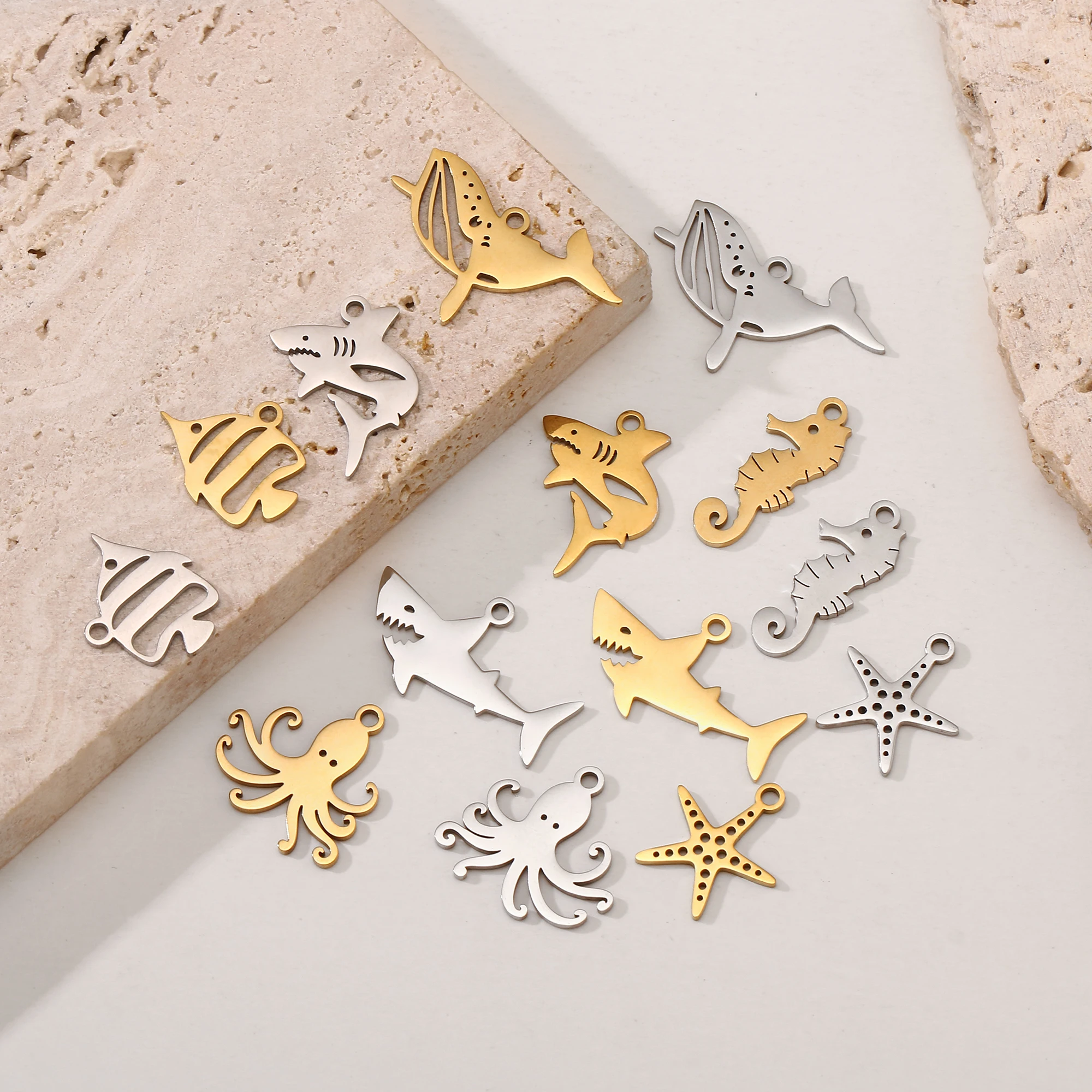 5Pcs Ocean Sea Ray Fish/Shark/Dolphin Charm Stainless Steel Sea Animal Pendant for Jewelry Making DIY Earring Necklace Accessory
