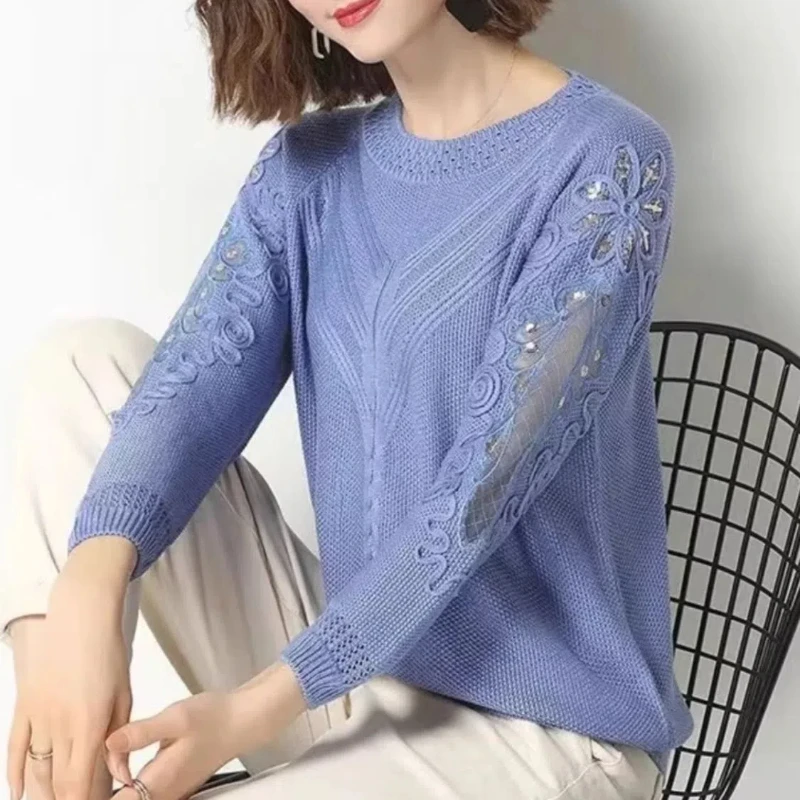 

Women's Clothing Autumn Winter Round Neck Hook Flower Hollow Solid Pullover Lantern Long Sleeve Sweater Knitted Elegant Tops