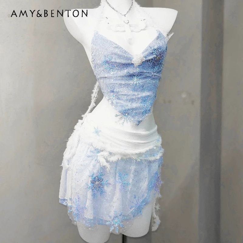 

Original Design Blue Snowflake Embroidery Sparkling Women's Sling Top Lace Splicing Sexy Hot Girl Skirt Two-piece Sets Ladies