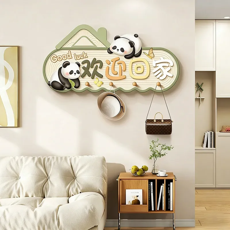 Panda Wall Mounted Key Holder Rack Entryway Coat Hanger Bedroom Storage Organizer Pegboard with Hooks for Home Decor