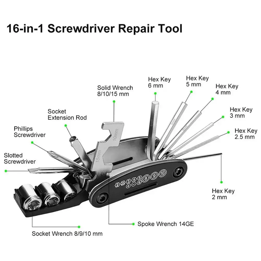 Bike Repair Tool Kits 16 In 1 Bicycle Multitool With Bike Tire Levers Hex Spoke Wrench Folding Metric Repair Tool Set ﻿