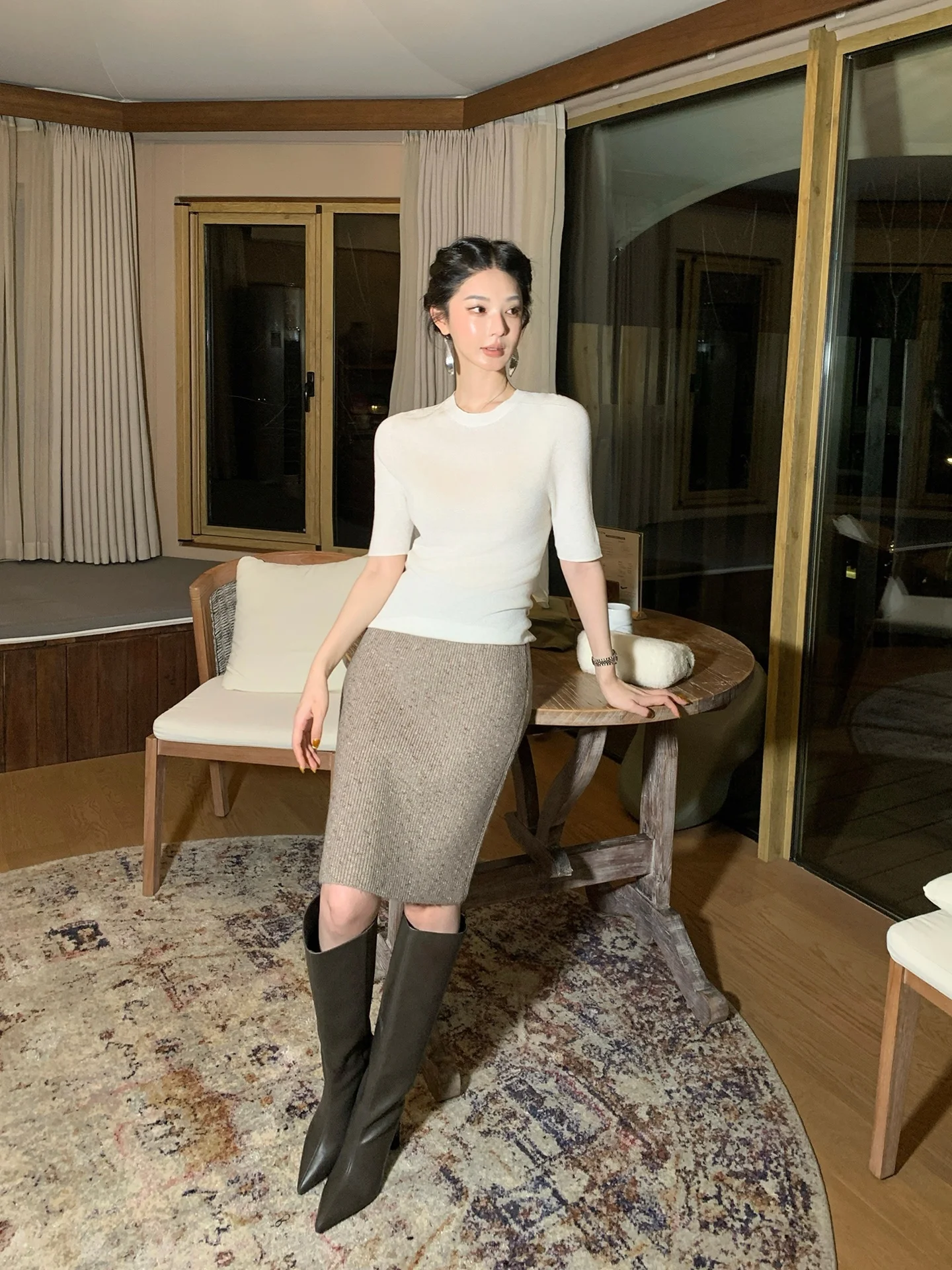 

Женский вязаный топ Alin Camere с круглым вырезом и коротким рукавом, базовый слой, модная весенняя внутренняя одежда из смесового полиэстера и шерсти