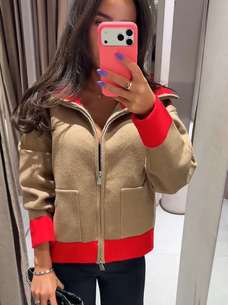 Trendy Color Block Short Jacket Chic Full Zip Long Sleeve Cropped Outerwear Women Fall Winter Daily Retro Street Daily Outfit
