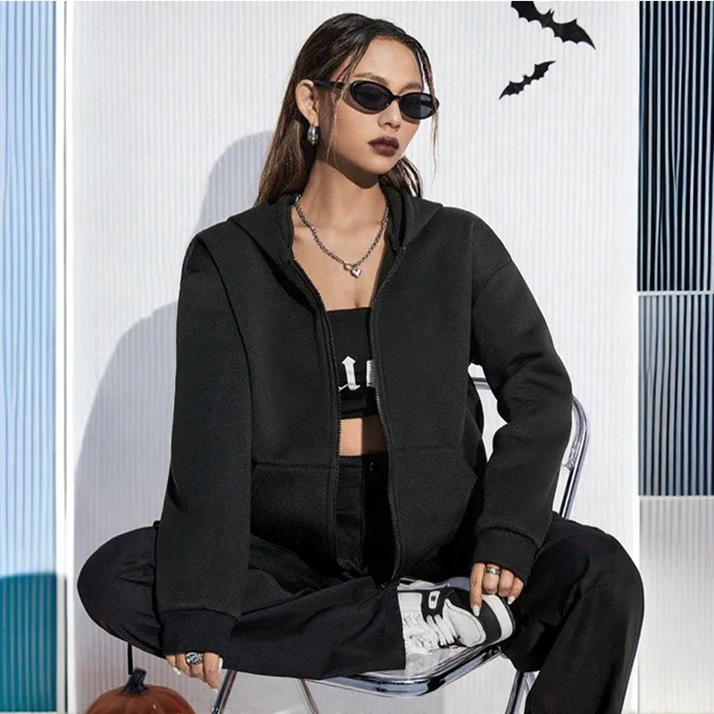 2025 رائجة البيع المرأة قلنسوة بسحاب الحضرية عادية رياضي جاكت مزود بغطاء للرأس أنثى خريف شتاء المنزل في الهواء الطلق الراحة معطف الموضة فضفاضة