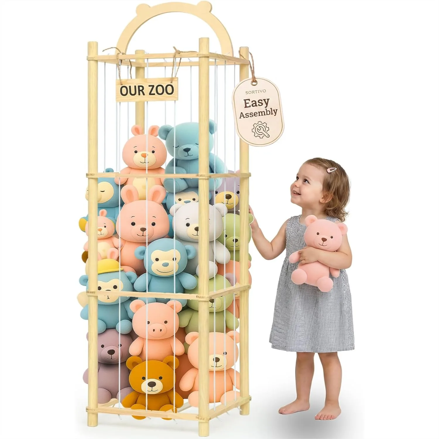 

Stuffed Animal Storage Organizer with 3 Figurines, 60In Large Capacity for Playroom Nursery Bedroom Kids Furniture