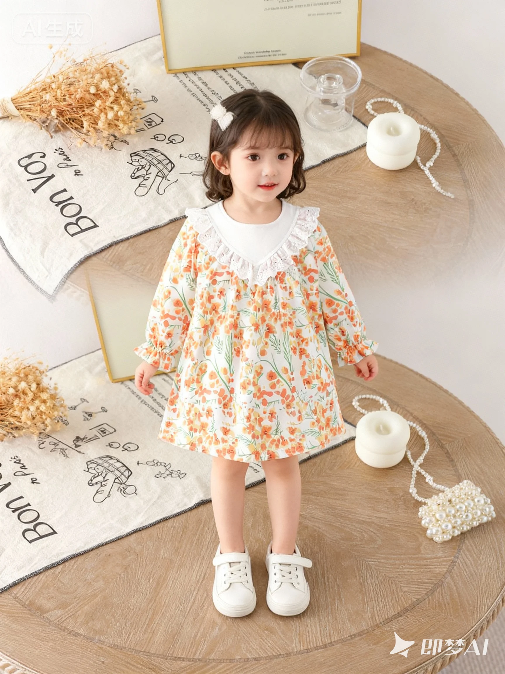 Romantic and cute baby girl's floral dress with lace trimming and round neck long sleeves for autumn (excluding bag).