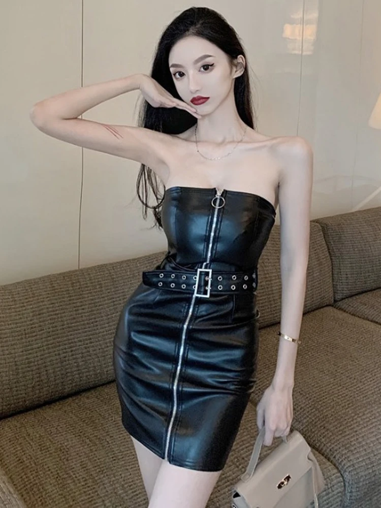 Frühling Sle Sexy Nachtclub Slim Fit ort Rock PU Leder Dr mit Gürtel Hohe Taille Koreanische Version Pendeln Einzelstück