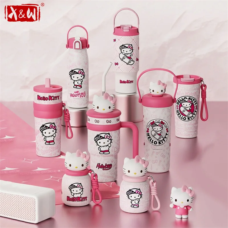 X&W Hello Kitty Insulated Cup Cartoon Graffiti Stainless Steel Thermos Coffee cup Leakproof Outdoor Travel Ice Tumbler Car Cups