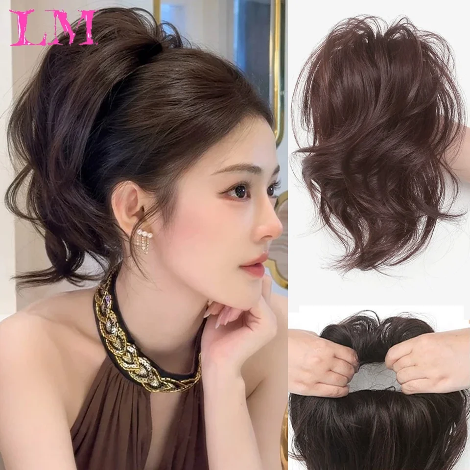 LM Synthetic 11Inch Voluminous Messy High Bun Scrunchie Short Curly Ponytail Elastic Fake Hair Bun Hairpiece for Women Daily