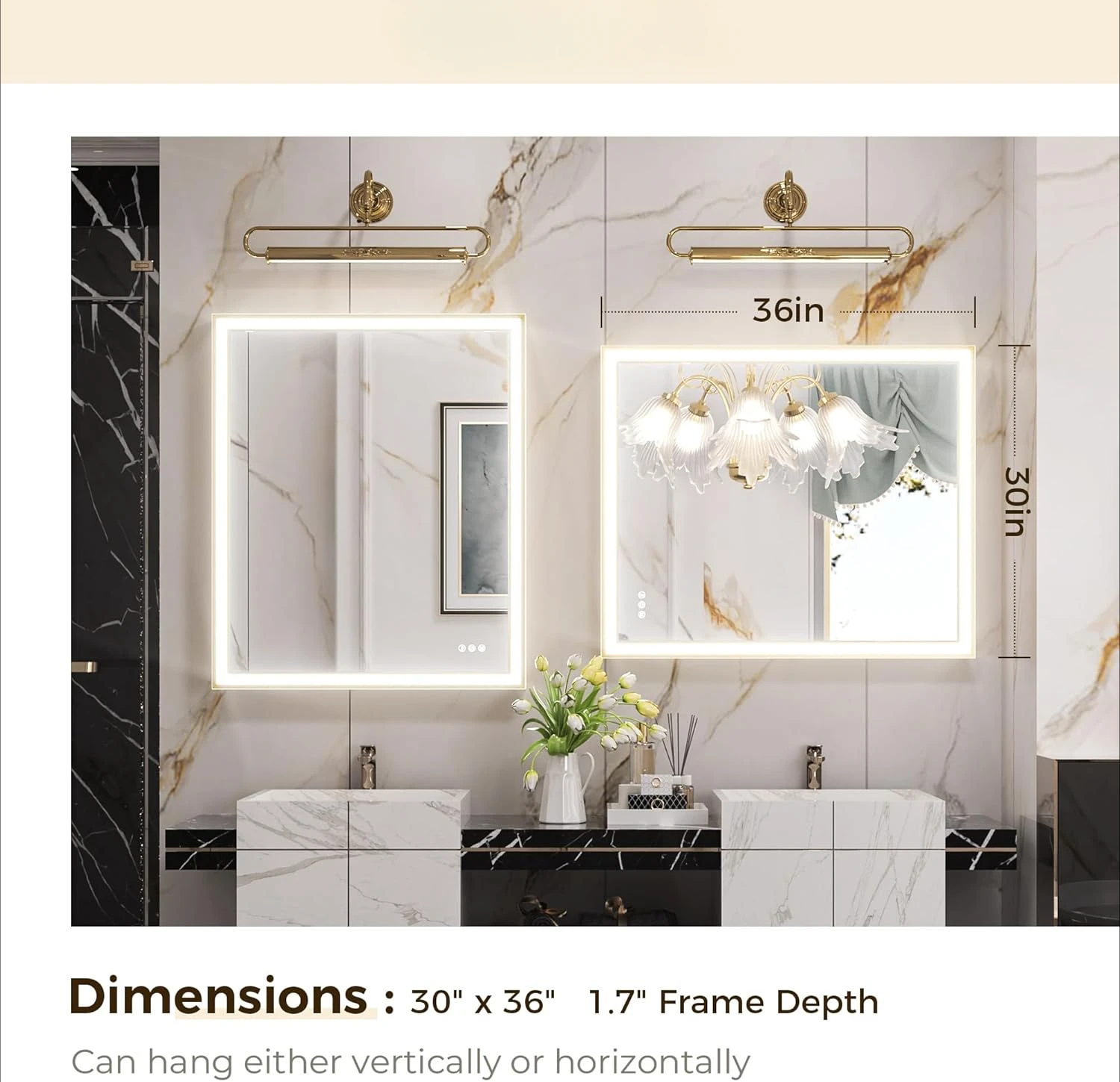 Gold LED Bathroom Mirror 30” x 36” with Frontlit, 45° Angled Light, Beveled Diffuser, Metal Framed Brushed Gold Vanity Mirror