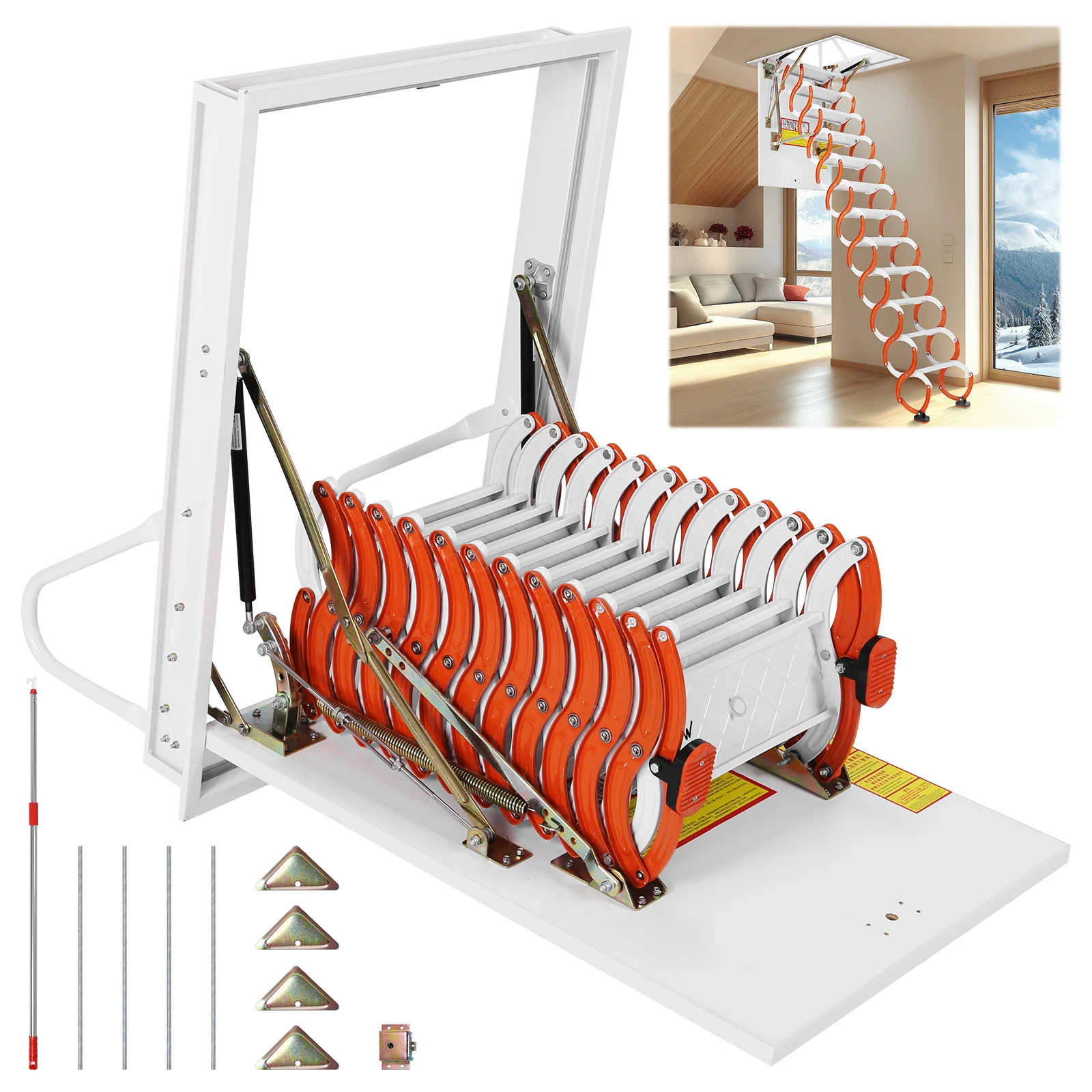 Attic Stairs Pull Down 12 Steps, 10.17FT Retractable Alloy Attic Folding Stairs Loft Ladder Wall Mounted with Pull Rod