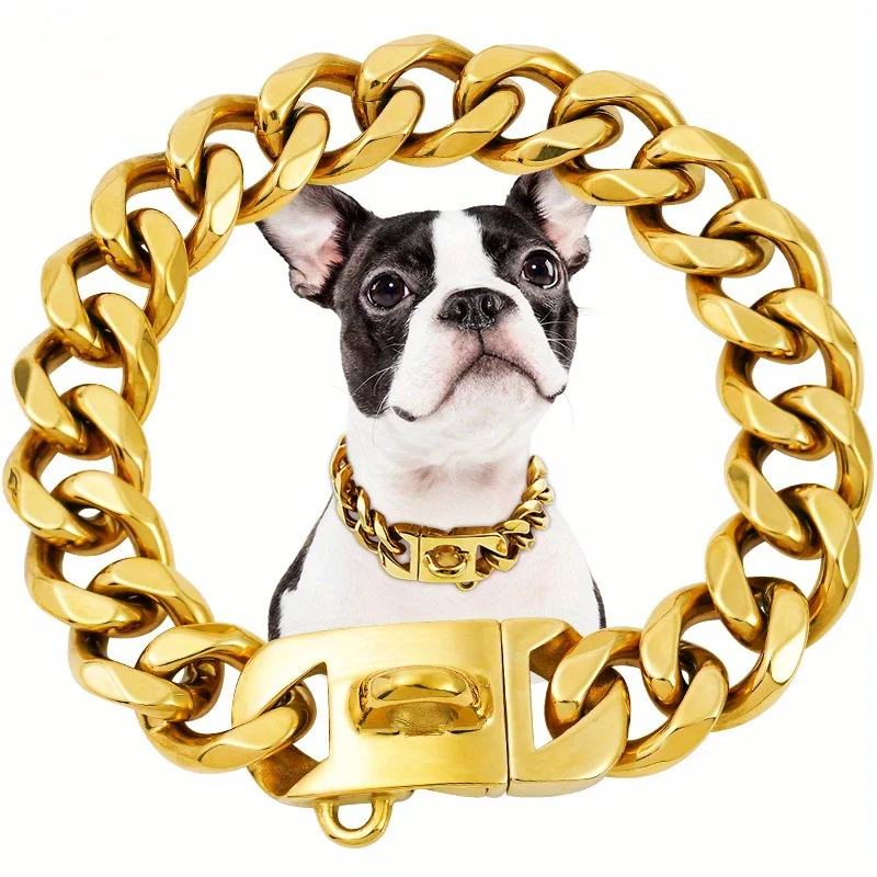 

23MM Wide Gold Dog Chain Stainless Steel Collar for Large Dogs, Steel Neckband with Secure Clasp Closure, Durable and Stylish A