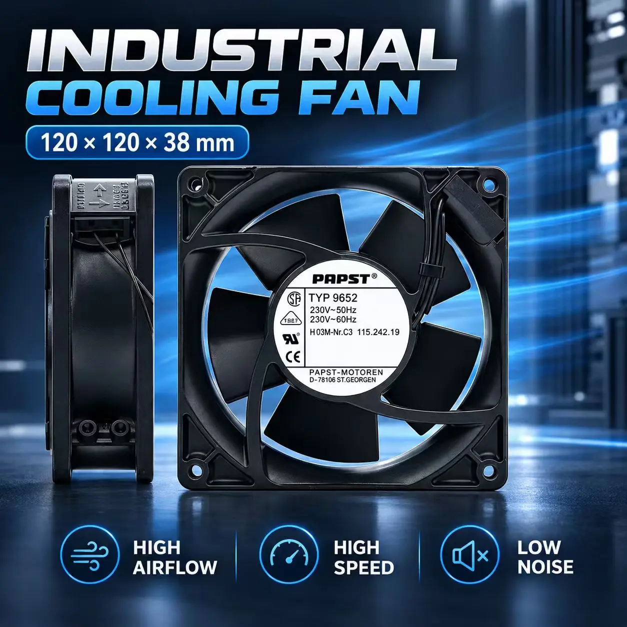 For PAPST TYP 9652 AC 230V 60Hz 12038 120x120x38mm Double Ball Bearing Metal Frame Server Inverter Chassis Enclosure Cooler Fan