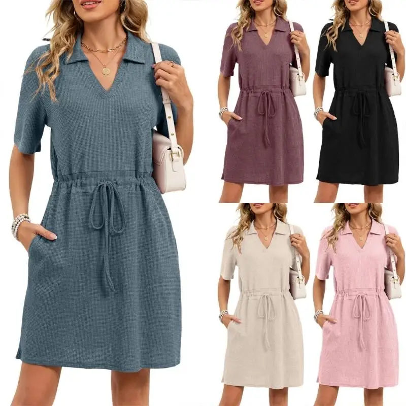 31BF Casual T Shirt Dress for Women Drawstring Short Sleeve V Neck Mini Shift Dresses