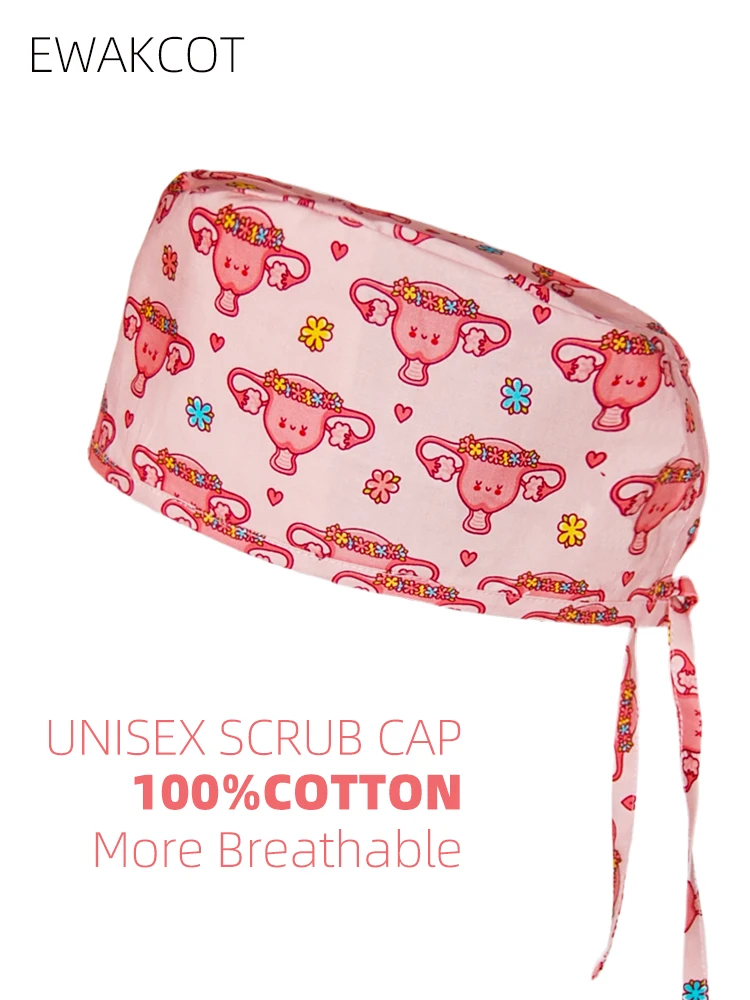 女性の外科用キャップ スウェットバンド ナース 医療外科医の帽子 漫画 婦人科 子宮の花プリント 手術室スクラブ キャップ