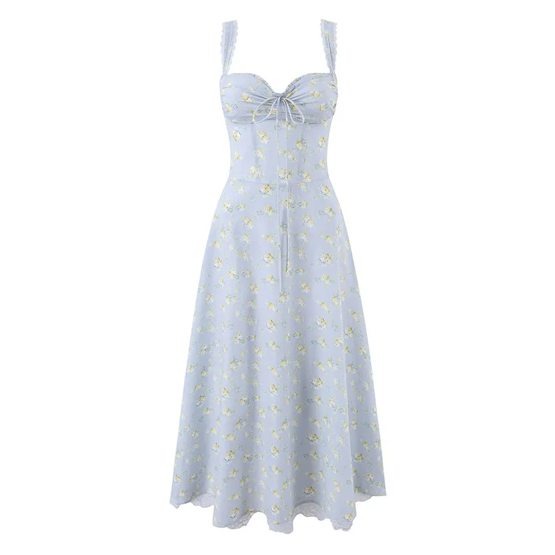 Withered Elegant Cotton Blue Printed Fishbone Waist Cinched Tank Top Dress Elegant Party Dresses Vestidos Women's Dress