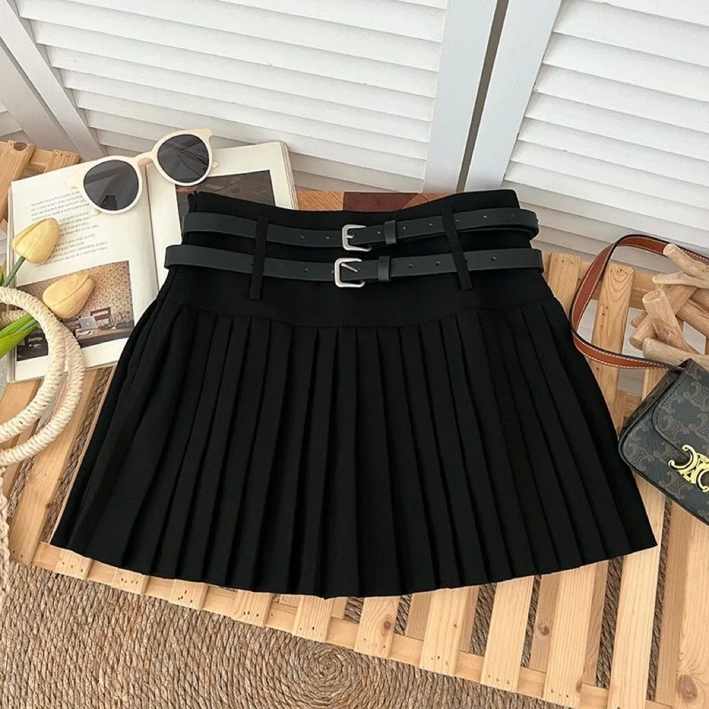 Spring Autumn baby Girls Pleated Skirt Skorts Teenage Kids girl Solid Double Belt Skirt Children Bottoms 3-14Y child gonne