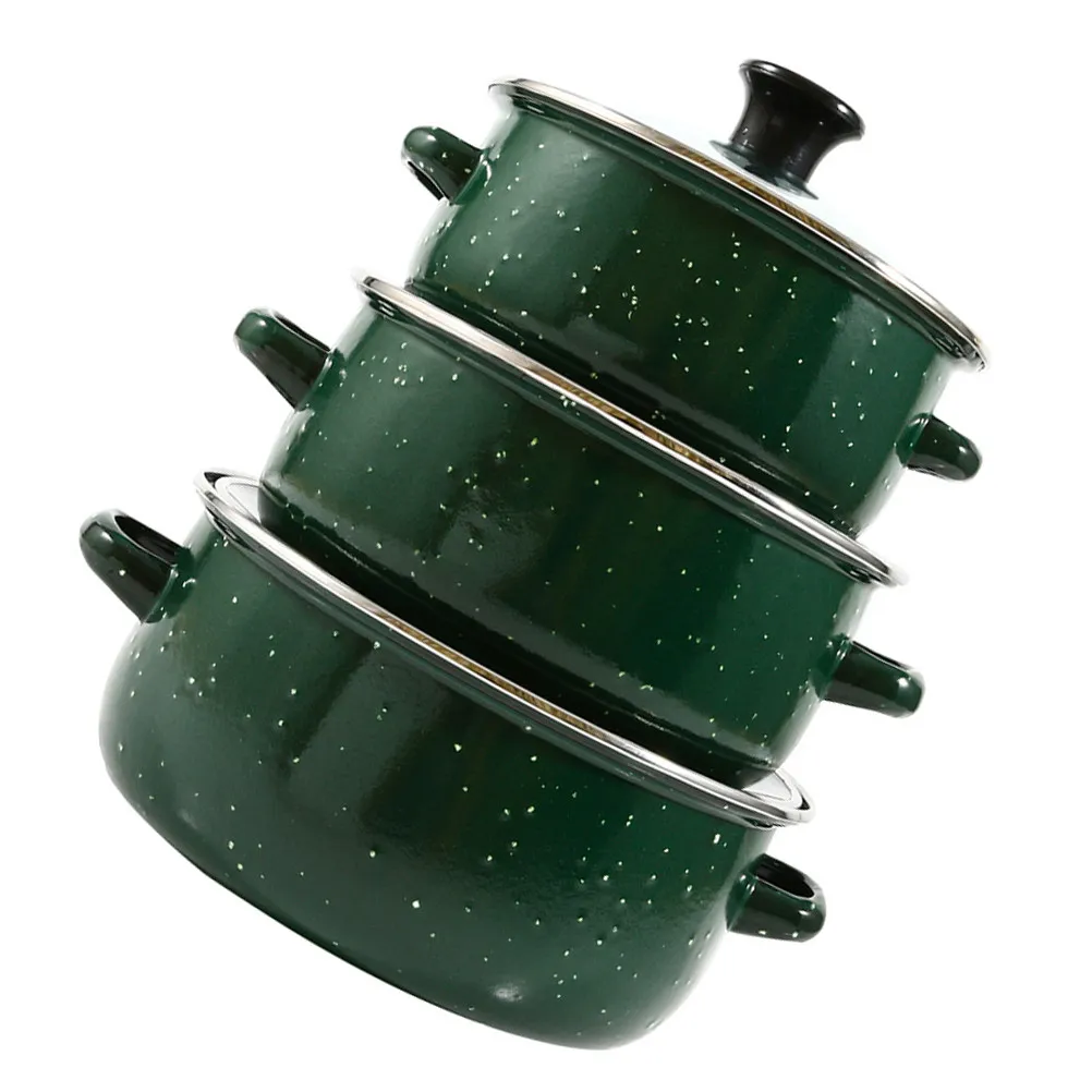 3Pcs Enamel Cooking Pot Set Mini Stew Stockpot Ramen Soup Lid Handles Heat Conducting Induction Gas Stove Green