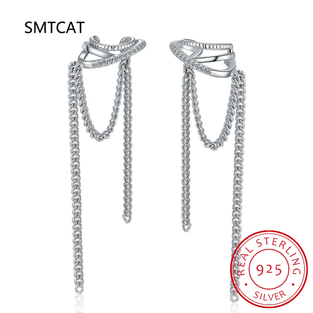 925 Sterling Silver Multilayer Cross Tassel Chain Ear Cuff Clip on Earrings For Women Girl Without Piercing Earings Jewelry