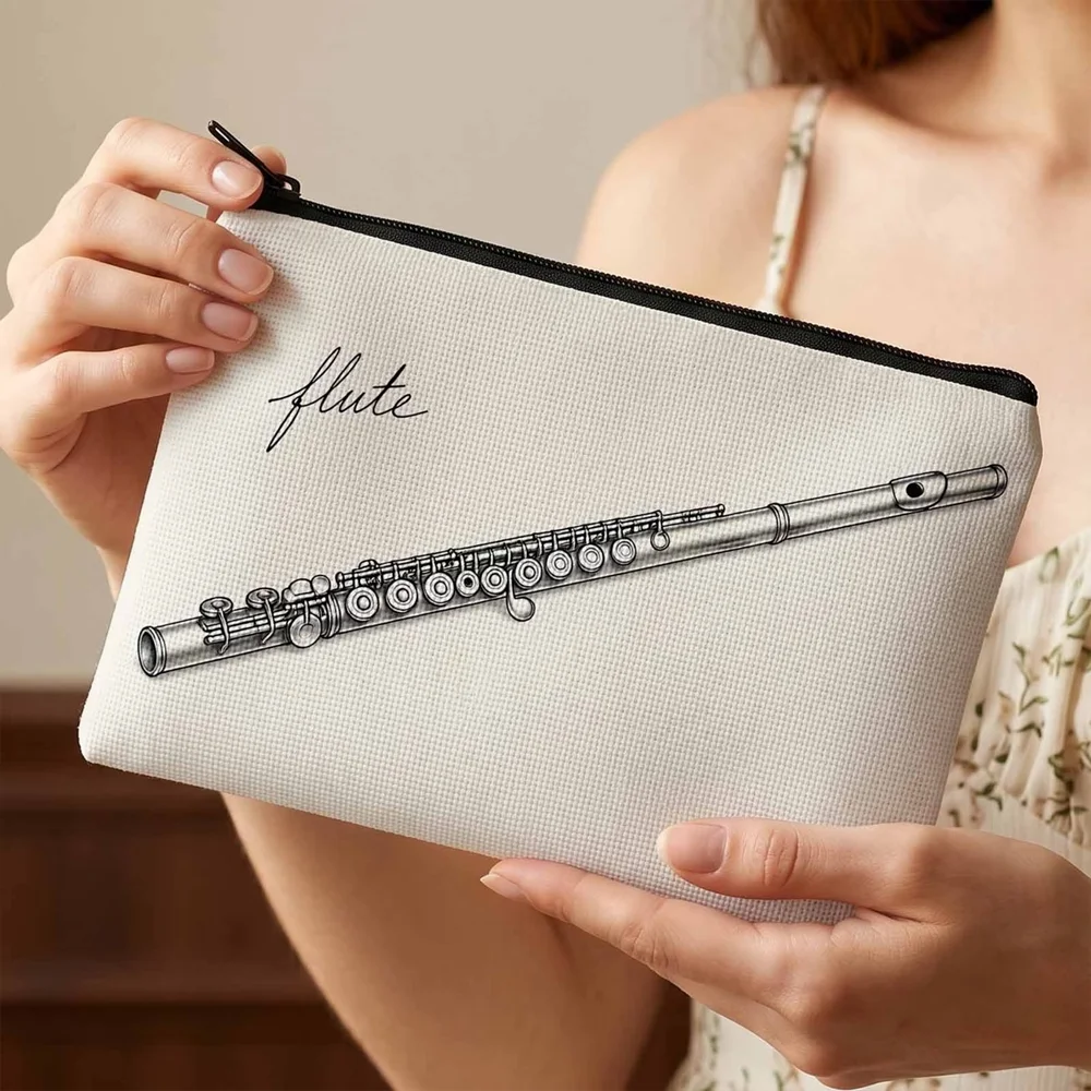 2D Print Makeup Bag, Elegant Flute Design for Music Lovers, Pouch to Carry Essentials for Concerts & Daily Practice