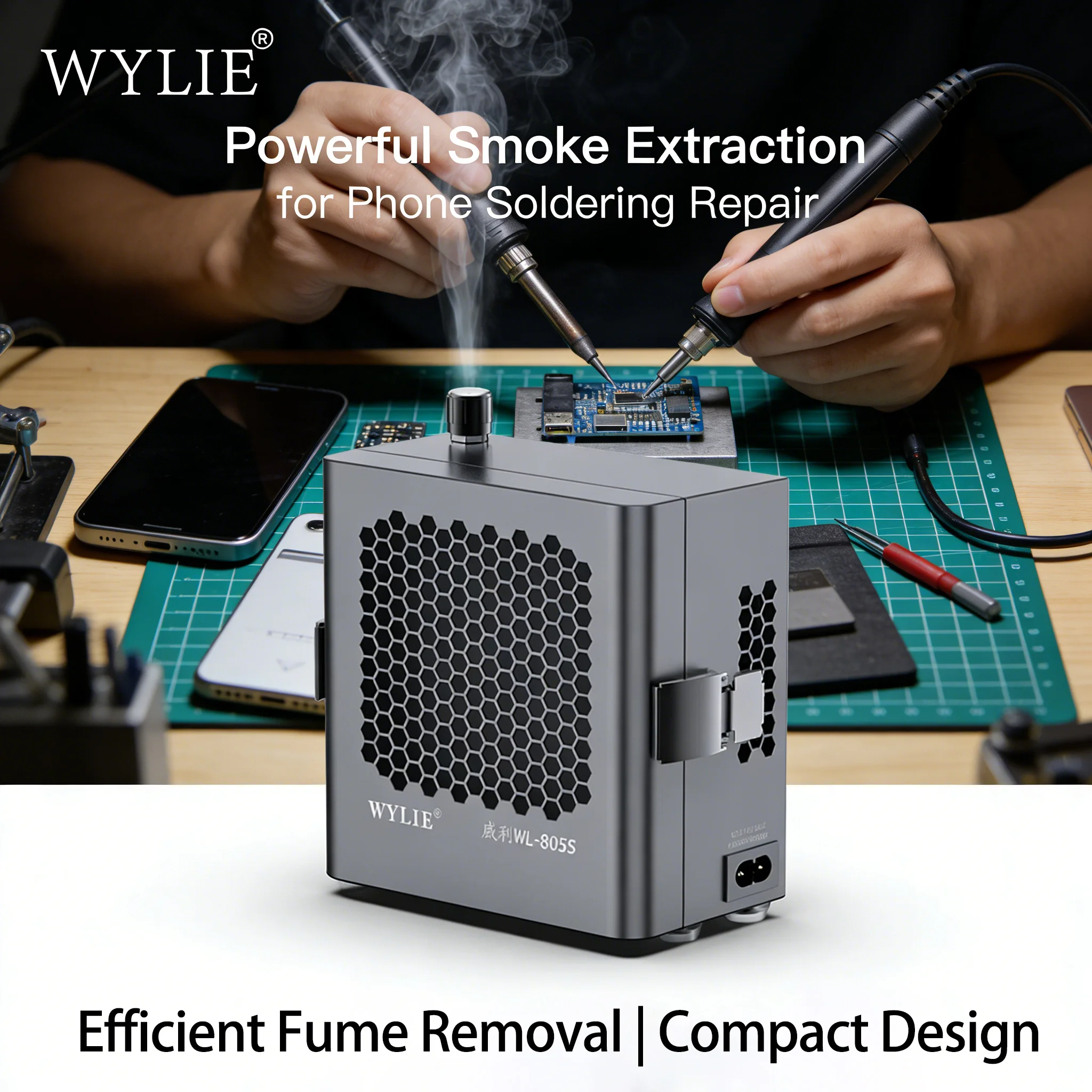 

Вытяжка для удаления дыма WYLIE WL-805S, 8000 об/мин, высокая мощность всасывания, очиститель паяльного дыма, двухслойный фильтр для ремонта электроники