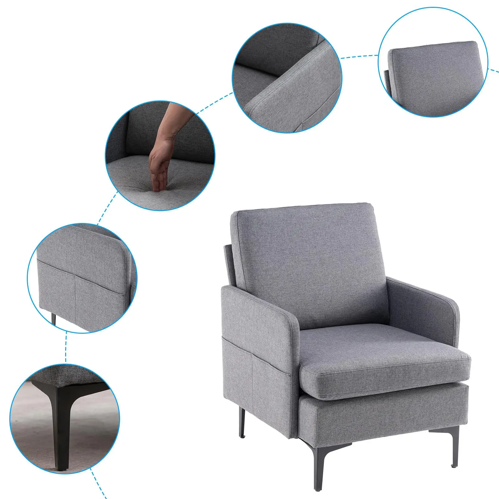 Comfy Dark Grey Lounge Chair - Stylish Single Sofa Accent for bedroom & Living Room