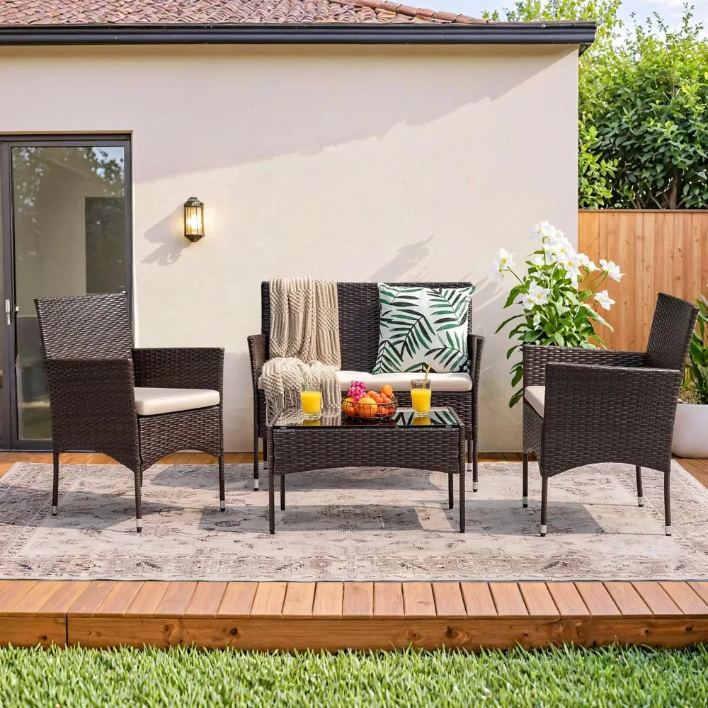 Outdoor-Terrassenmöbel-Set aus PE-Rattan, inklusive klassischem gehärtetem Tisch und weichem Kissen, 4-teiliges Set