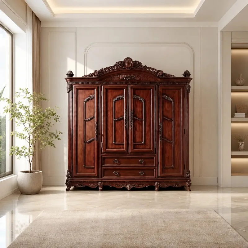 Luxury Rustic American Villa Solid Wood Carved Four-Door Double Wardrobe for Vintage Storage and Hanging Clothes