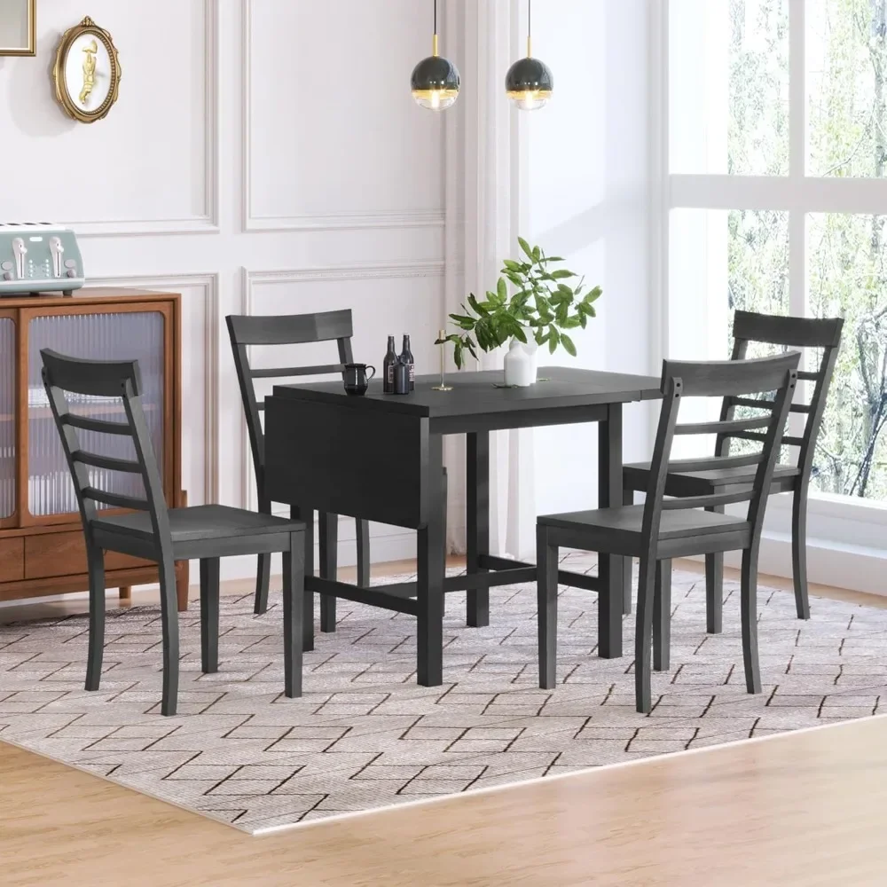 5-Piece Wood Drop Leaf Dining Table Set with 4 Ladder Back Chairs, Space-Saving Breakfast Nook Table Set