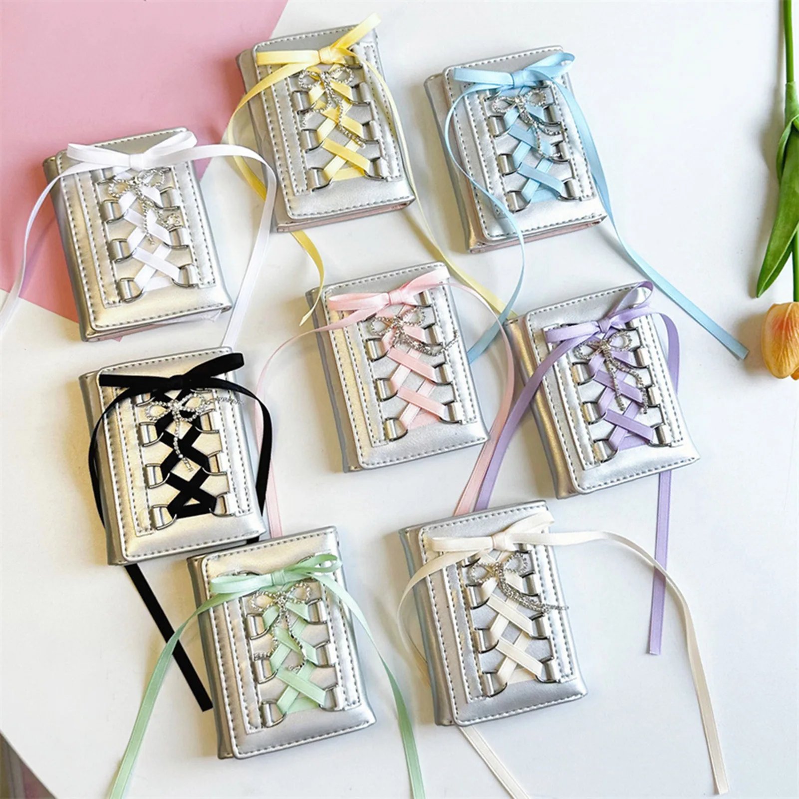 Girl Sweet Wallet with Ribbon Bows Simple Tri-Fold Multi Card Slots Short Wallet for School Travel Home
