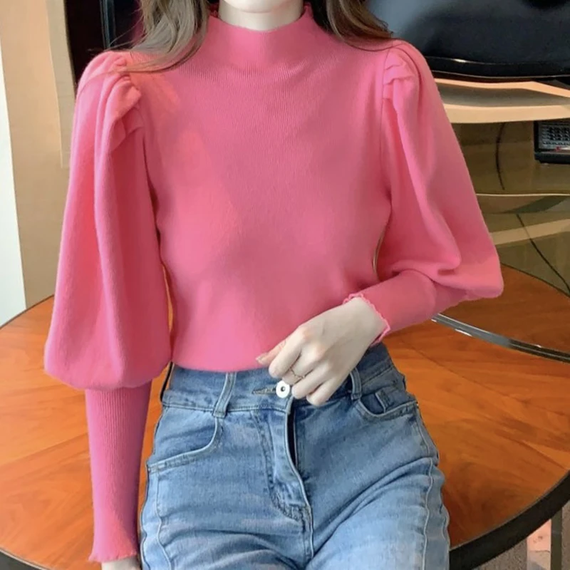 

2023 Autumn Winter Solid Color Fashion Half High Collar Long Sleeve Sweater Women Casual Slim Chains Elegant All-match Pullovers