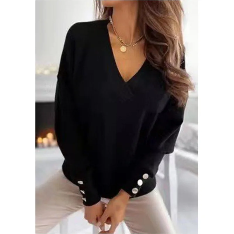 Sweater Top Women Casual Pullover Jumper Button V Neck Solid Color Long Sleeve Office Lady 2025 Spring Knitting Tops Knitwear - Image 2