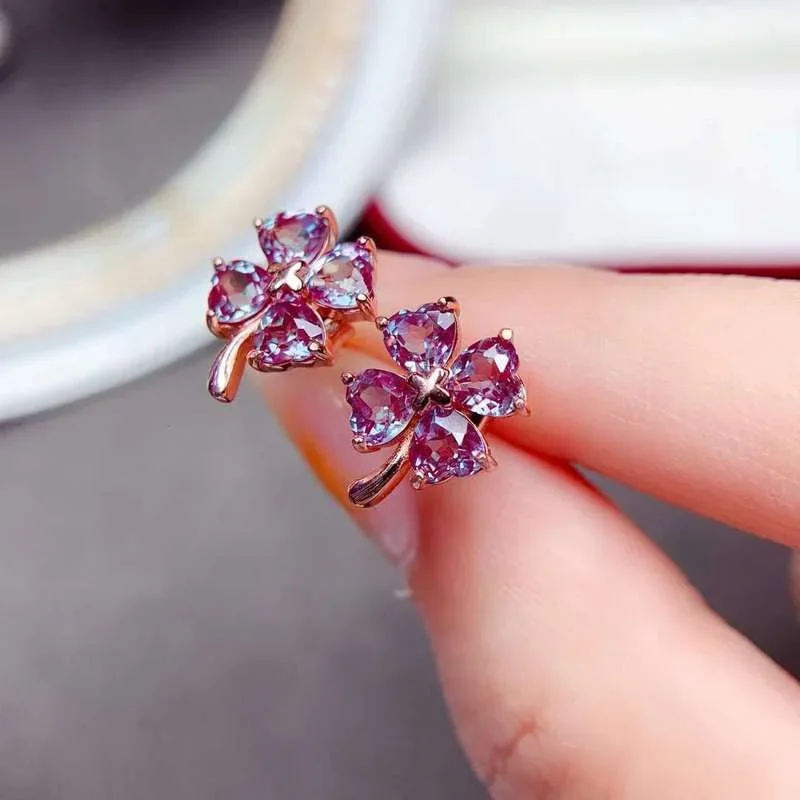 Alexandrite Stud Earrings High Clarity Super Good Color Main Stone Size Heart 4×4mm Inlaid with sterling silver 925