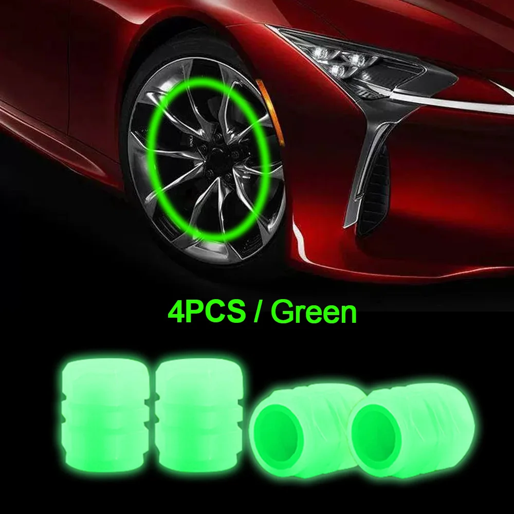 4pcs Luminous Car Tire Valve Cap Fluorescent Night Glowing Decor Motorcycle Bike Wheel Nozzle Dustproof Tyre Valve Stem Caps