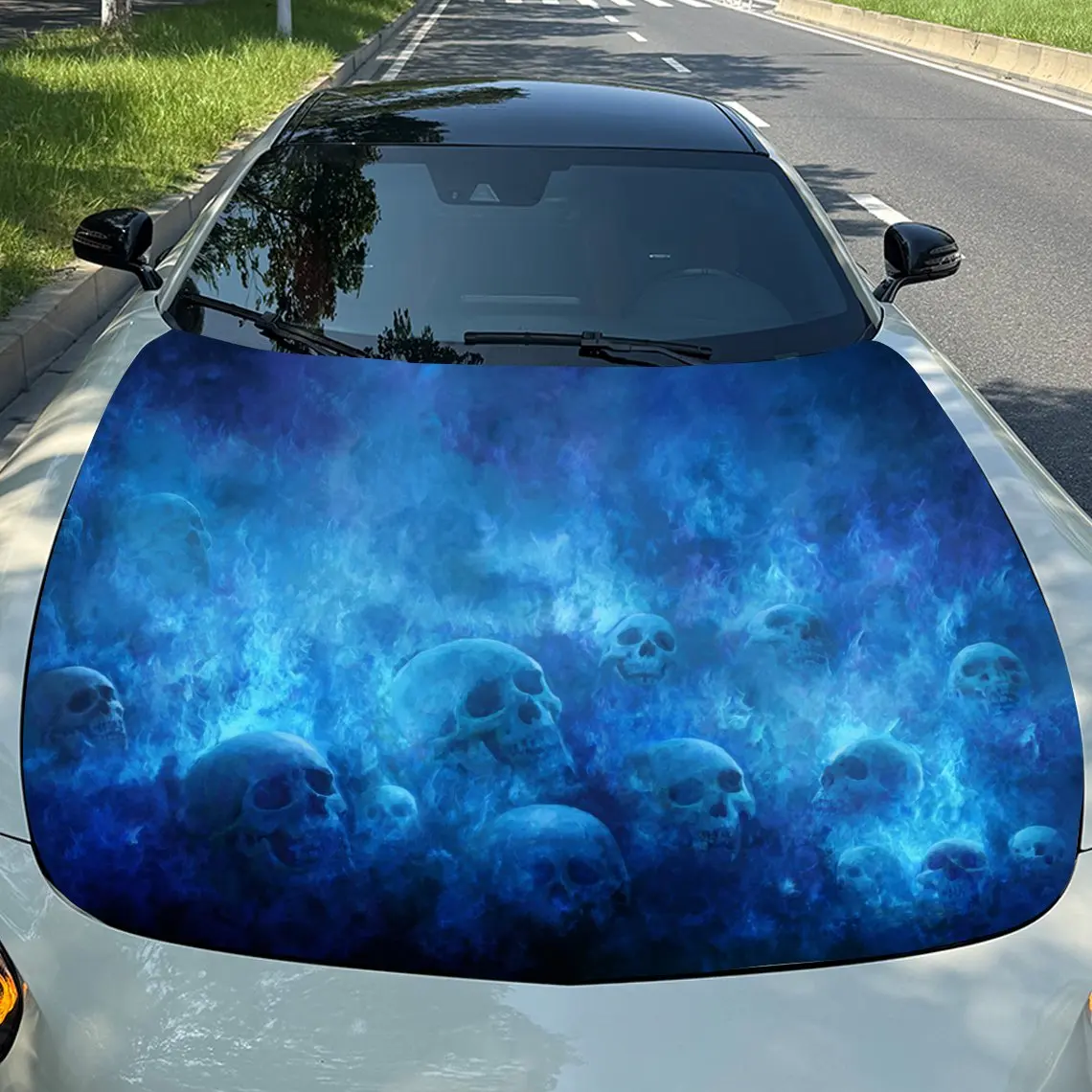 Blue Flame Skull Pile Vinyl Decal - Universal Fit Paper Material Car Hood Wrap, Automotive Exterior Bonnet Sticker, Vehicle Modi
