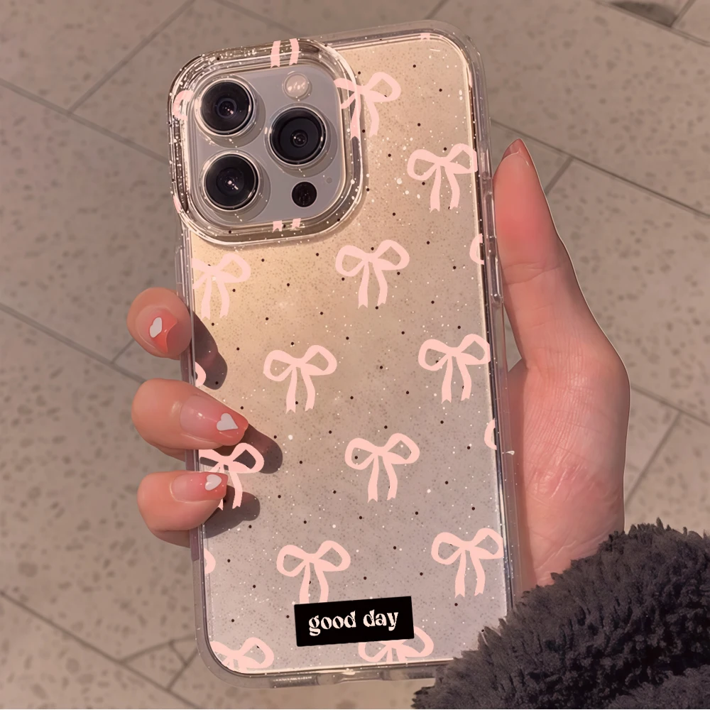 Pink Bow INS Glitter Sequins Phone Case For iPhone 17 Pro Max 16 14 15 17 13 12 11 Pro Plus 17E 16E XR XS Clear TPU Soft cover