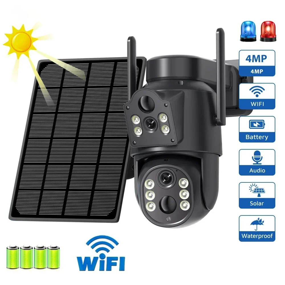 

Outdoor Wireless Solar Camera, Dual Lens PTZ, WiFi and 4MP for Longer Standby and Video Surveillance APP iCsee