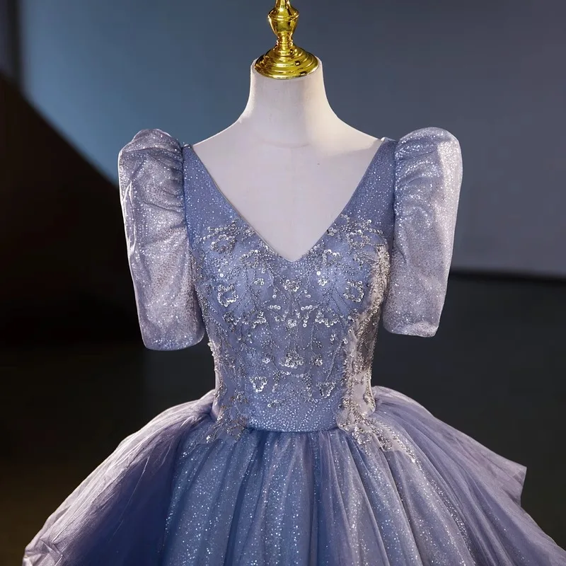 Verão novo longo lantejoulas com decote em v manga princesa grande vestido de noite moda banquete desempenho vocal desempenho arte exame vestido