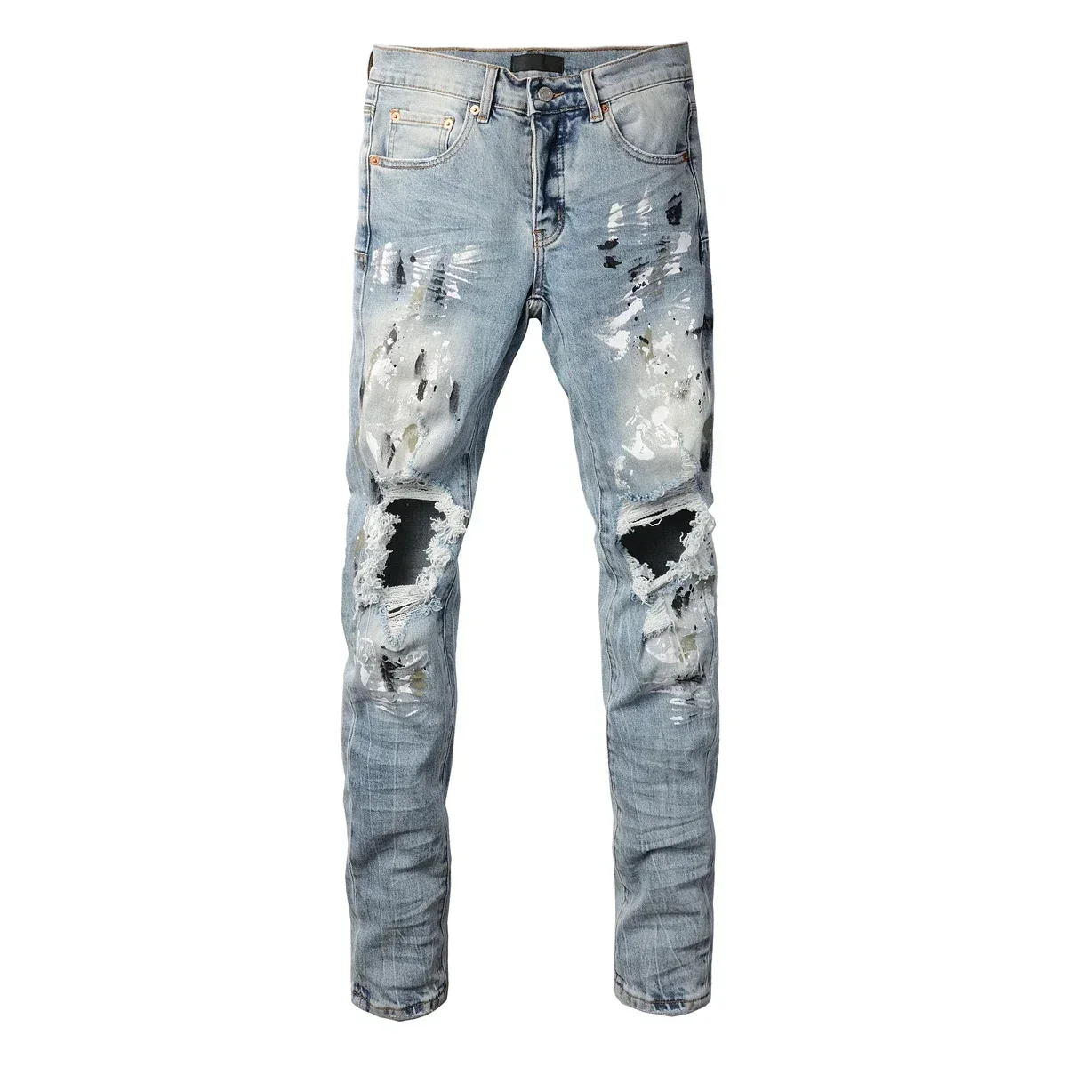 

Men's High Streetwear Distressed Light Blue Stretch Skinny Jeans Graffiti Destroyed Holes Ripped Fashion Jeans