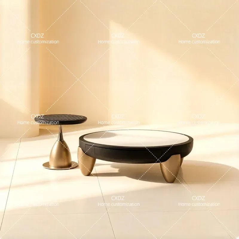 Round Coffee Table Set Natural Stone Solid Wood Antique Style Minimalist Living Room Furniture for Small Apartment Home Decor
